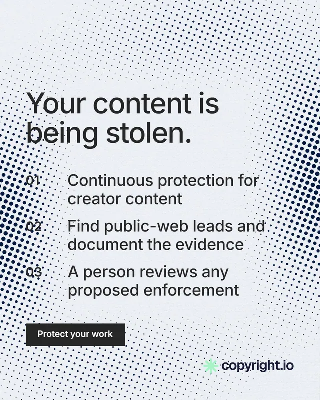 Instagram portrait post for copyright.io: "Your content is being stolen." Retro print style, numbered layout, light palette in white, blue, grey.