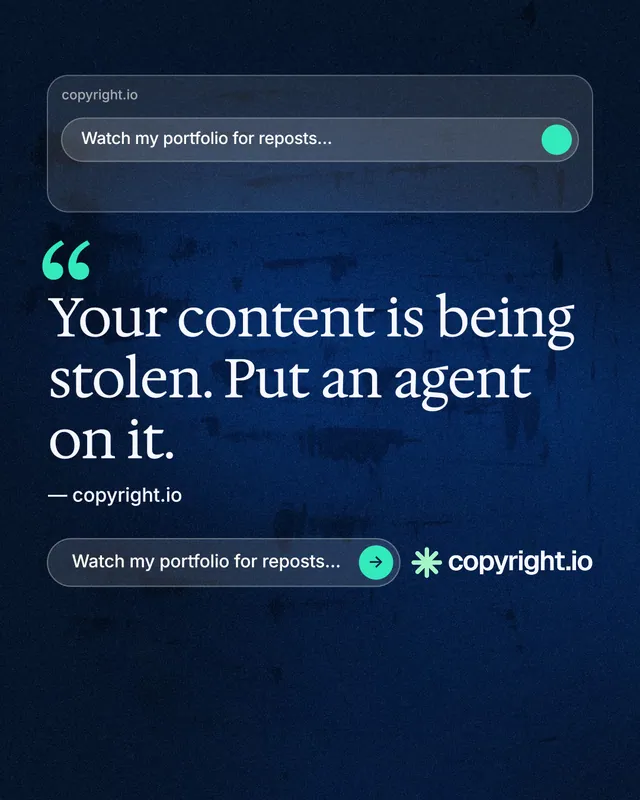 Instagram portrait post for copyright.io: "Put an agent on it." Agentic glass style, quote layout, dark palette in blue, black.