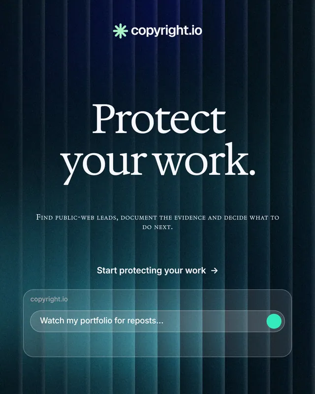 Instagram portrait post for copyright.io: "Protect your work." Agentic glass style, smallcaps layout, dark palette in black, blue, teal.
