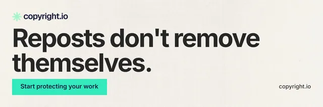 X header for copyright.io: "Reposts don't remove themselves." Swiss style, poster layout, light palette in white, grey.