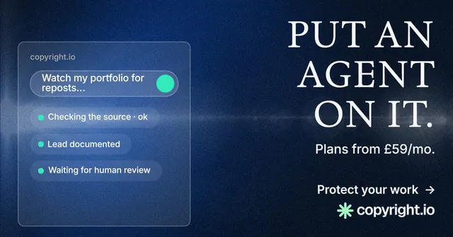 Social ad for copyright.io: "Put an agent on it." Minimal luxury style, right layout, dark palette in blue, black.