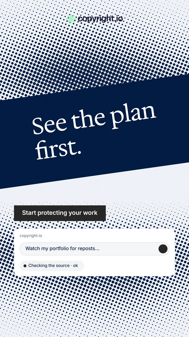 Instagram story for copyright.io: "See the plan first." Split block style, diagonal layout, light palette in blue, white, grey.