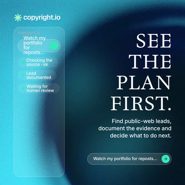 Instagram post for copyright.io: "See the plan first." Agentic glass style, right layout, dark palette in blue, black, teal.