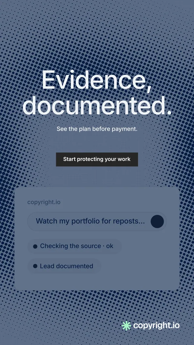 Instagram story for copyright.io: "Evidence, documented." Split block style, centred layout, dark palette in blue, grey.