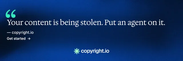 X header for copyright.io: "Reposts don't remove themselves." Minimal luxury style, quote layout, dark palette in blue.