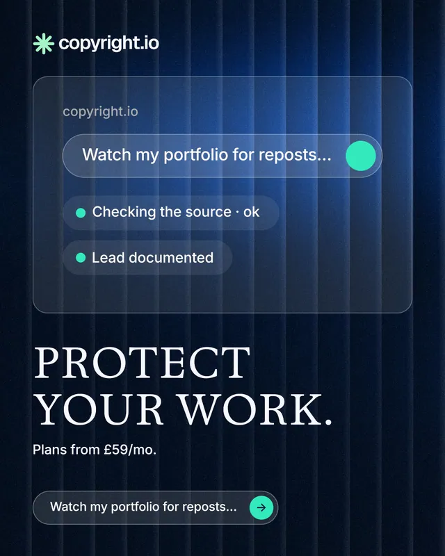 Instagram portrait post for copyright.io: "Protect your work." Agentic glass style, bottom layout, dark palette in blue, black.
