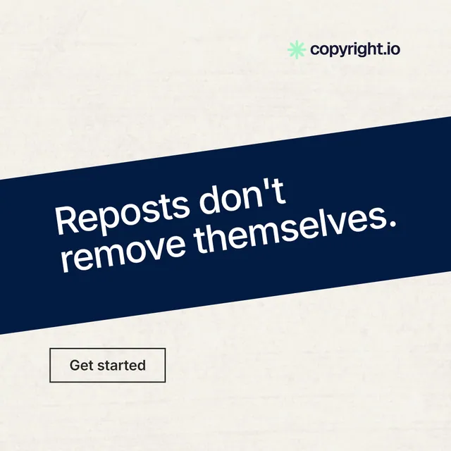 Instagram post for copyright.io: "Reposts don't remove themselves." Editorial style, diagonal layout, light palette in blue, white, grey.