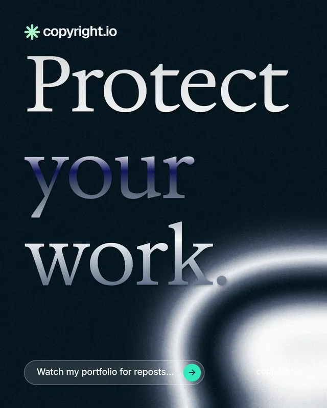 Instagram portrait post for copyright.io: "Protect your work." Agentic glass style, poster layout, dark palette in black, grey.