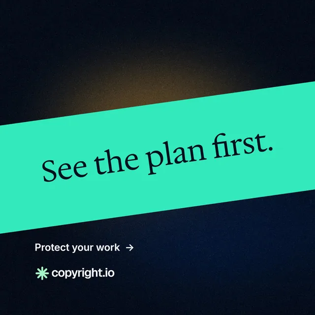 Instagram post for copyright.io: "See the plan first." Minimal luxury style, diagonal layout, dark palette in black, teal.