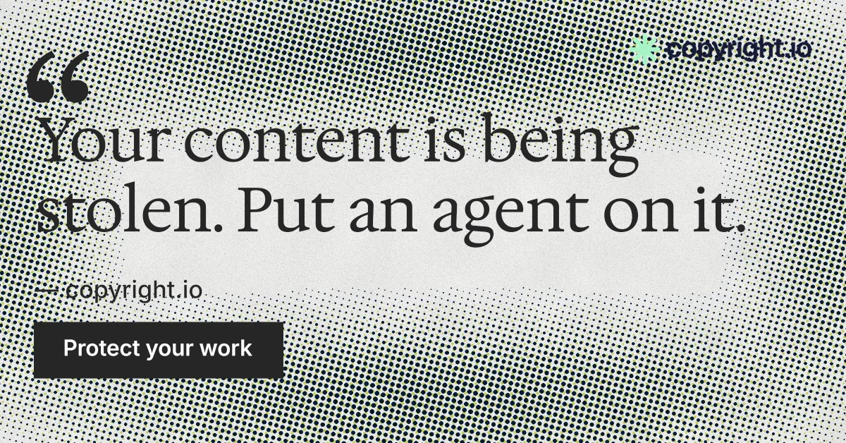 Social ad for copyright.io: "Continuous protection for creators." Swiss style, quote layout, light palette in grey, white.