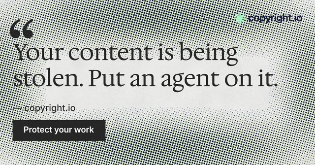 Social ad for copyright.io: "Continuous protection for creators." Swiss style, quote layout, light palette in grey, white.