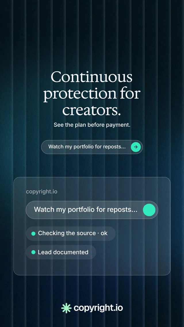 Instagram story for copyright.io: "Continuous protection for creators." Agentic glass style, centred layout, dark palette in black, blue, grey.