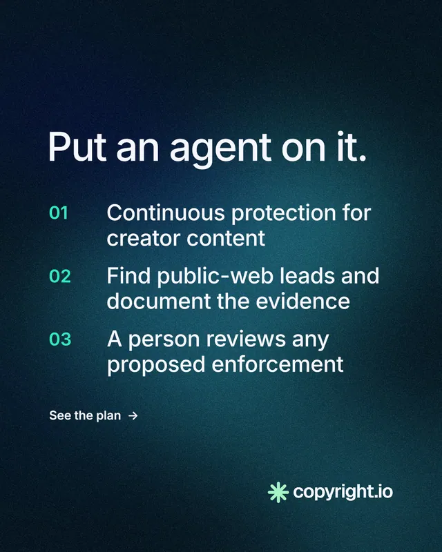 Instagram portrait post for copyright.io: "Put an agent on it." Minimal luxury style, numbered layout, dark palette in blue, black.