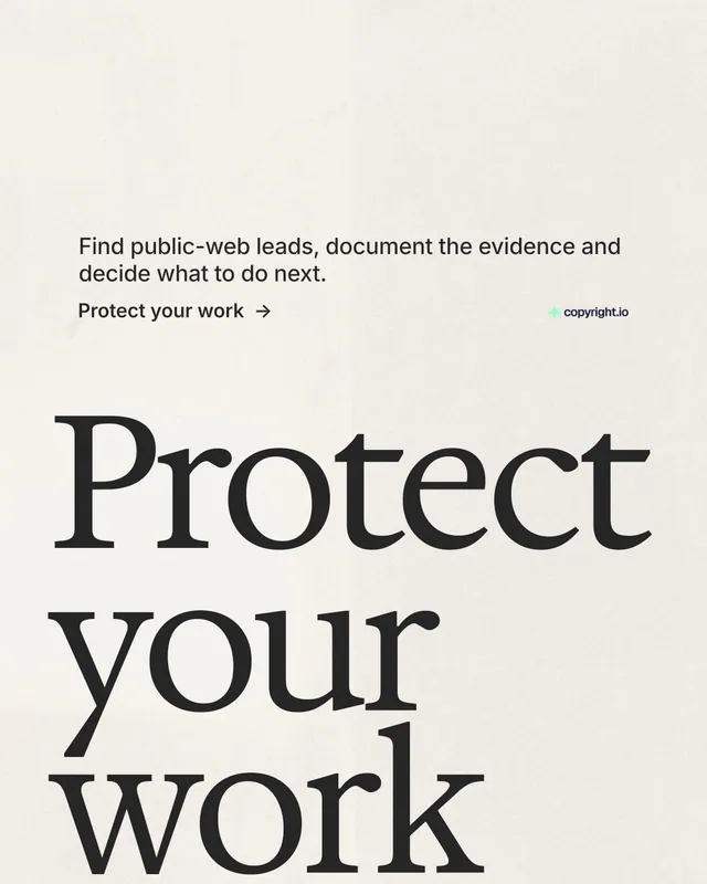 Instagram portrait post for copyright.io: "Your content is being stolen." Minimal luxury style, oversized layout, light palette in yellow, white, grey.