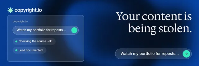 X header for copyright.io: "Your content is being stolen." Agentic glass style, right layout, dark palette in blue, black.