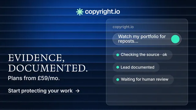 Landscape graphic for copyright.io: "Evidence, documented." Minimal luxury style, bottom layout, dark palette in black, blue.