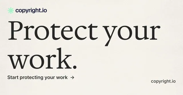 Social ad for copyright.io: "Protect your work." Minimal luxury style, poster layout, light palette in white, grey.