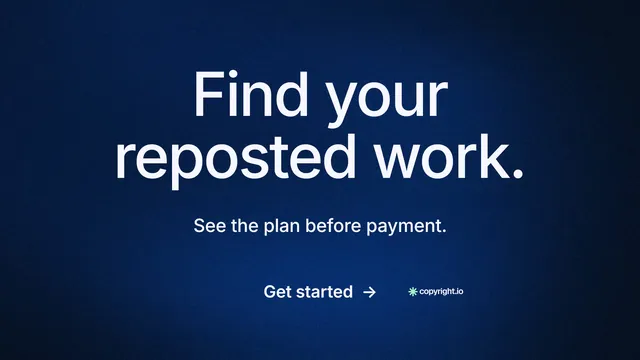 Landscape graphic for copyright.io: "Find your reposted work." Minimal luxury style, centred layout, dark palette in blue, black.