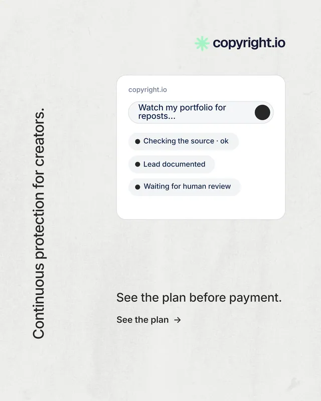 Instagram portrait post for copyright.io: "Continuous protection for creators." Minimal luxury style, vertical layout, light palette in white.