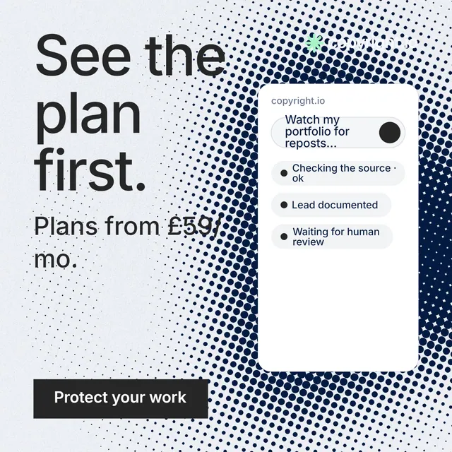 Instagram post for copyright.io: "See the plan first." Swiss style, skeleton layout, light palette in grey, white, blue.