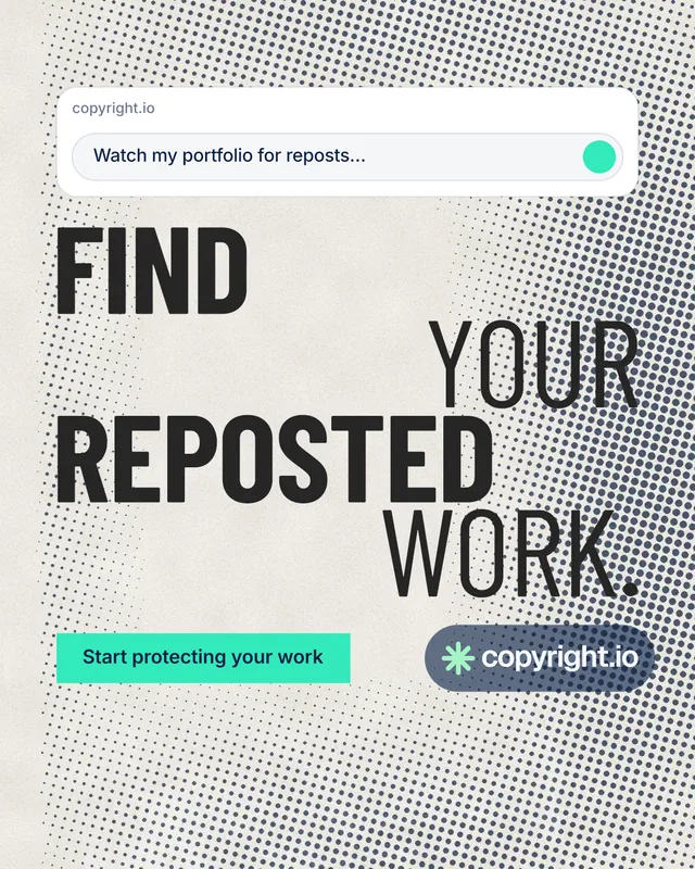 Instagram portrait post for copyright.io: "Find your reposted work." Retro print style, stacked layout, light palette in yellow, grey, green.