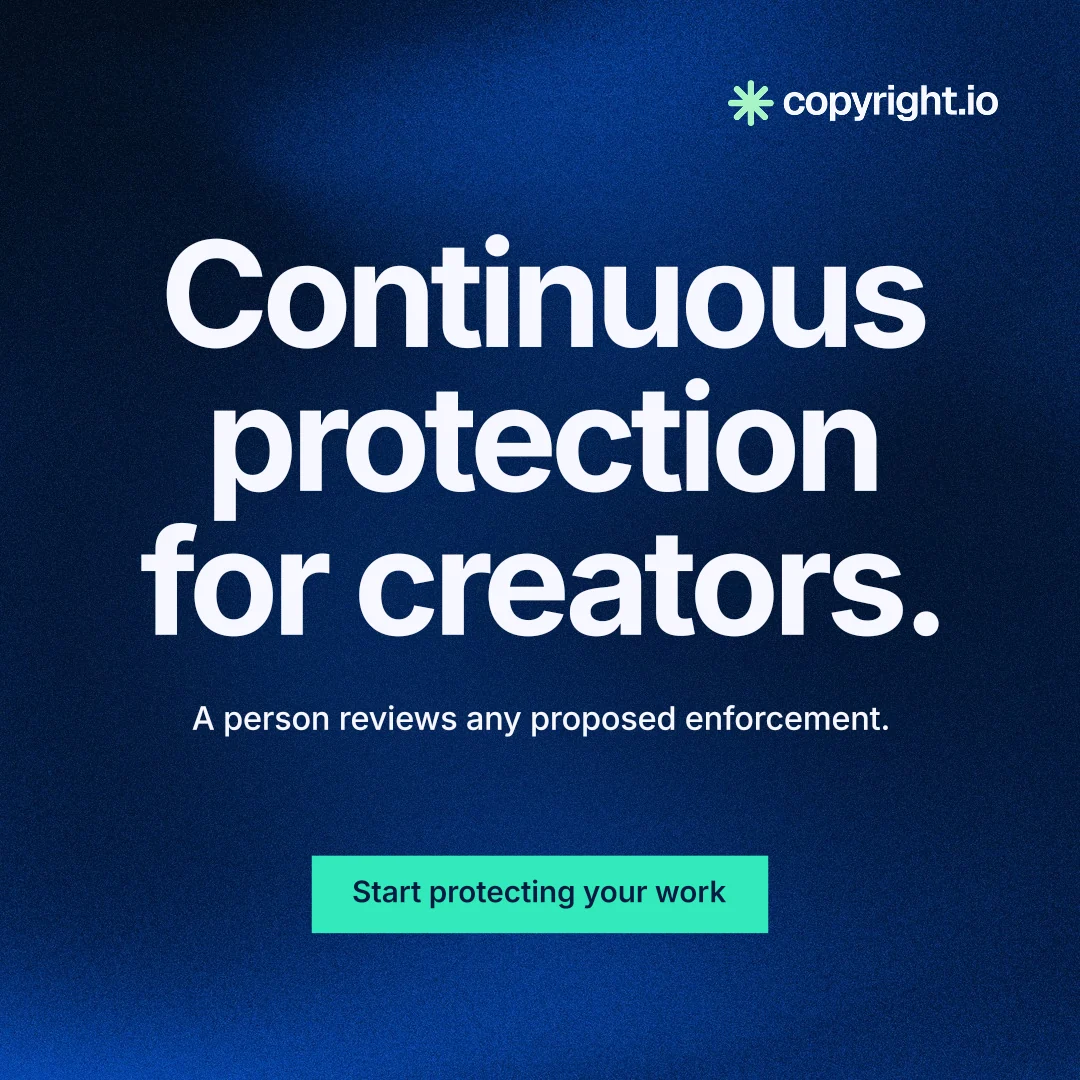 Instagram post for copyright.io: "Continuous protection for creators." Swiss style, centred layout, dark palette in blue, black, teal.