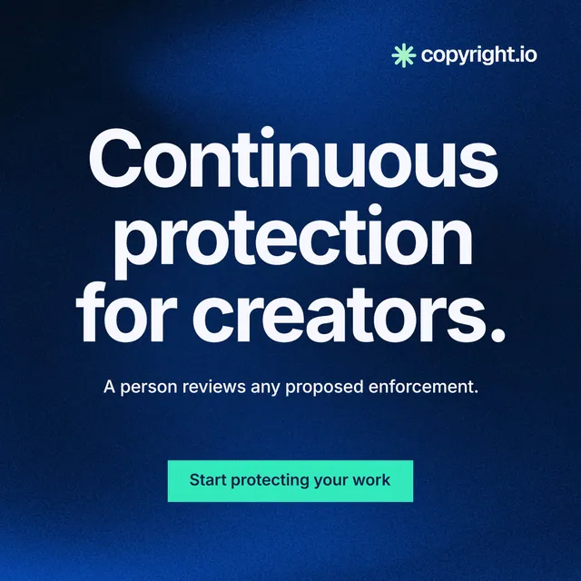 Instagram post for copyright.io: "Continuous protection for creators." Swiss style, centred layout, dark palette in blue, black, teal.