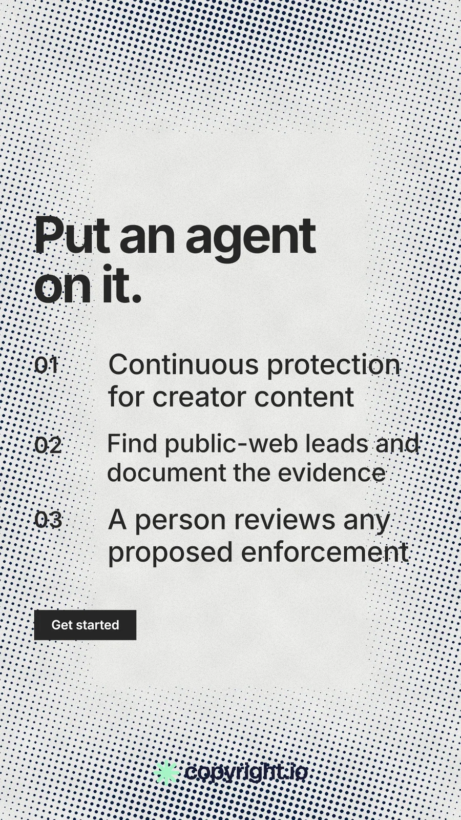 Instagram story for copyright.io: "Put an agent on it." Swiss style, numbered layout, light palette in white, grey.