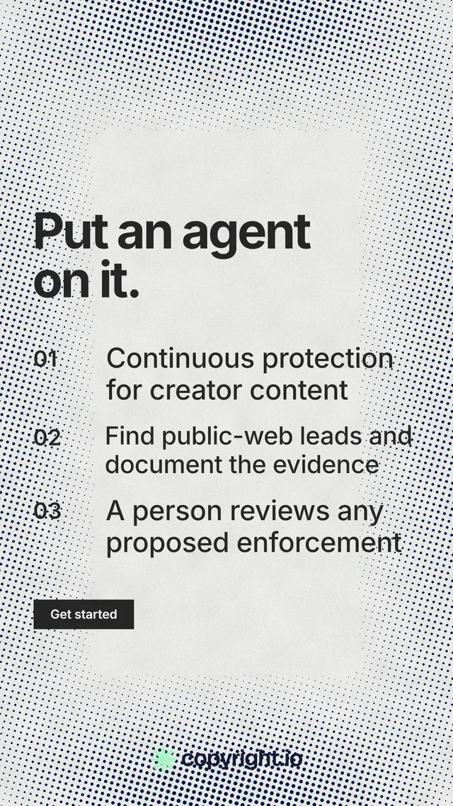 Instagram story for copyright.io: "Put an agent on it." Swiss style, numbered layout, light palette in white, grey.