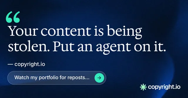 Social ad for copyright.io: "Reposts don't remove themselves." Agentic glass style, quote layout, dark palette in blue, black.
