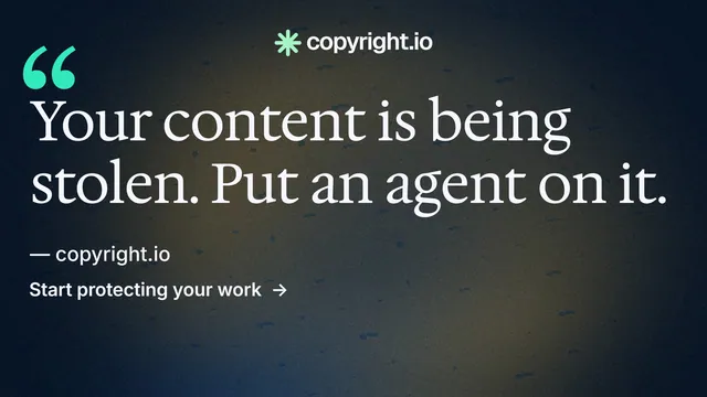 Landscape graphic for copyright.io: "Reposts don't remove themselves." Minimal luxury style, quote layout, dark palette in black, grey.