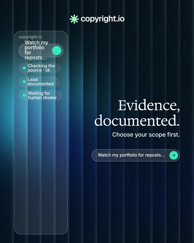 Instagram portrait post for copyright.io: "Evidence, documented." Agentic glass style, right layout, dark palette in black, blue.