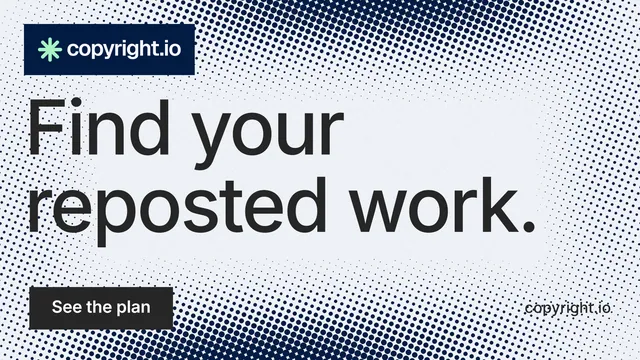 Landscape graphic for copyright.io: "Find your reposted work." Retro print style, poster layout, light palette in blue, grey, white.