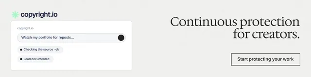 LinkedIn banner for copyright.io: "Continuous protection for creators." Editorial style, right layout, light palette in white.