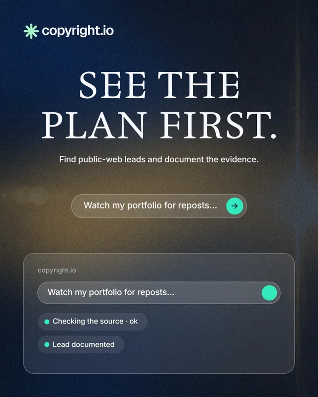 Instagram portrait post for copyright.io: "See the plan first." Agentic glass style, centred layout, dark palette in blue, grey.