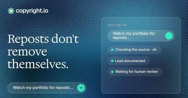 Social ad for copyright.io: "Reposts don't remove themselves." Agentic glass style, bottom layout, dark palette in blue.