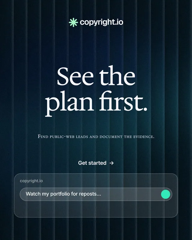 Instagram portrait post for copyright.io: "See the plan first." Agentic glass style, smallcaps layout, dark palette in black, blue, grey.