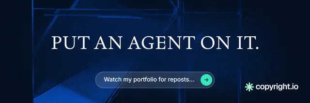 X header for copyright.io: "Put an agent on it." Agentic glass style, centred layout, dark palette in blue, black.