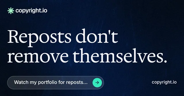 Social ad for copyright.io: "Reposts don't remove themselves." Agentic glass style, poster layout, dark palette in black, grey.
