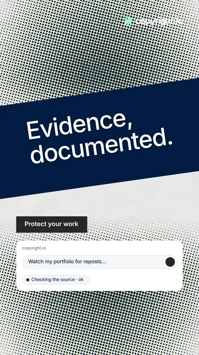 Instagram story for copyright.io: "Evidence, documented." Retro print style, diagonal layout, light palette in grey, blue, white.