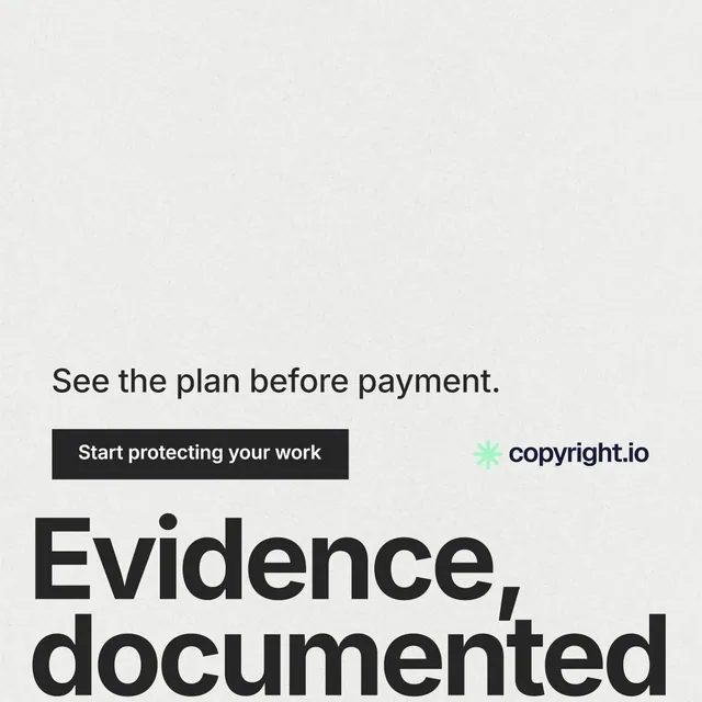 Instagram post for copyright.io: "Evidence, documented." Swiss style, oversized layout, light palette in white, grey.