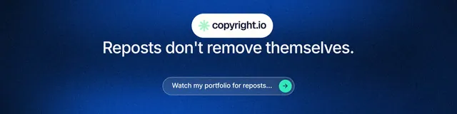LinkedIn banner for copyright.io: "Reposts don't remove themselves." Agentic glass style, centred layout, dark palette in blue.