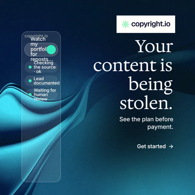 Instagram post for copyright.io: "Your content is being stolen." Minimal luxury style, right layout, dark palette in black, blue, teal.