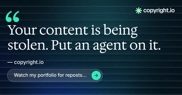 Social ad for copyright.io: "Put an agent on it." Agentic glass style, quote layout, dark palette in blue, black.