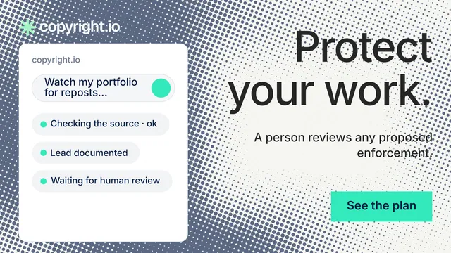 Landscape graphic for copyright.io: "Protect your work." Split block style, right layout, light palette in grey, white, green.