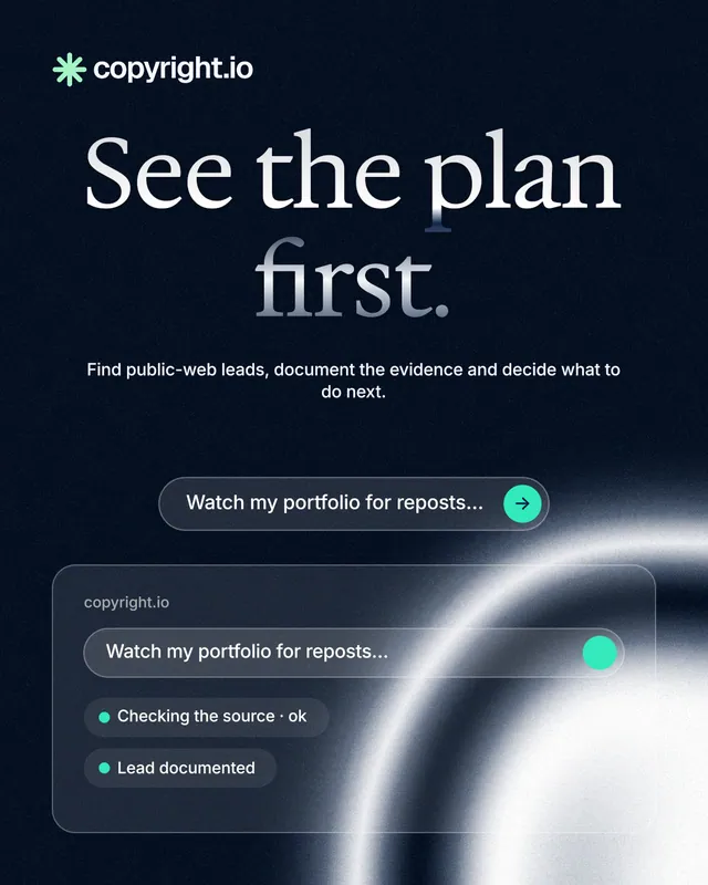 Instagram portrait post for copyright.io: "See the plan first." Agentic glass style, centred layout, dark palette in black, blue, grey.