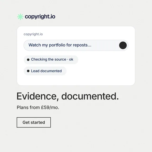 Instagram post for copyright.io: "Evidence, documented." Editorial style, bottom layout, light palette in white.