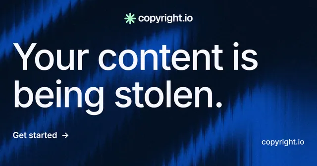 Social ad for copyright.io: "Your content is being stolen." Minimal luxury style, poster layout, dark palette in blue, black.