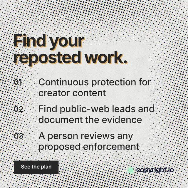 Instagram post for copyright.io: "Find your reposted work." Swiss style, numbered layout, light palette in grey, white.