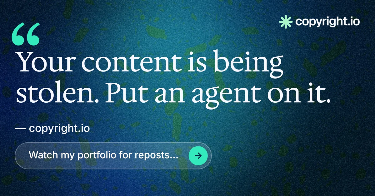 Social ad for copyright.io: "Evidence, documented." Agentic glass style, quote layout, dark palette in blue, black, teal.